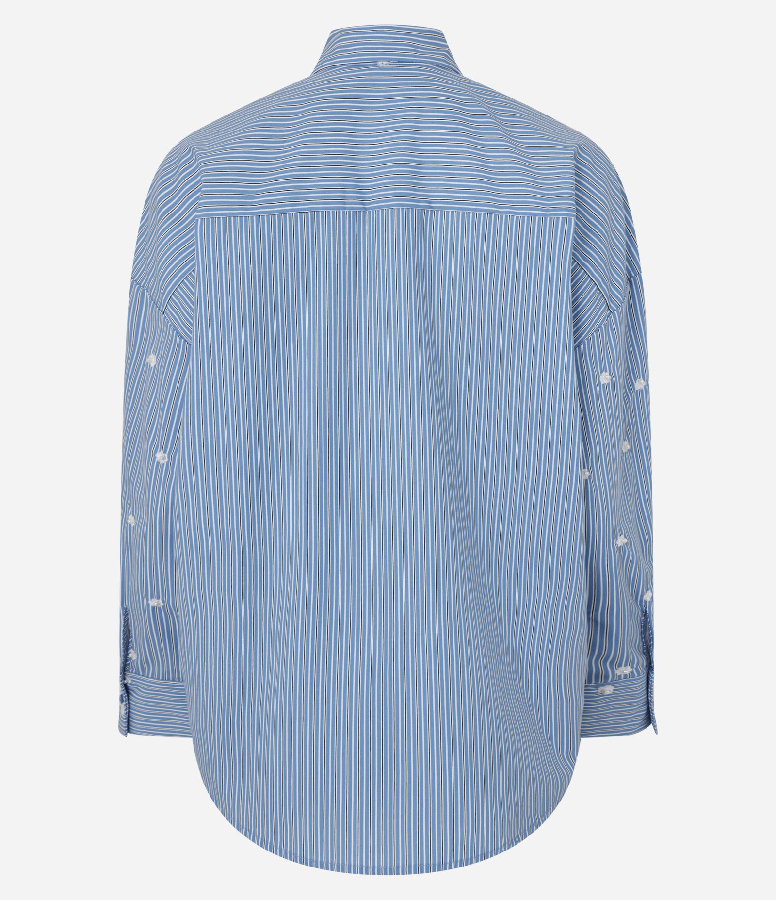 Camisa em Tricoline com Estampa Listras a Fio Tinto e Aplicação de Pérolas Azul 9