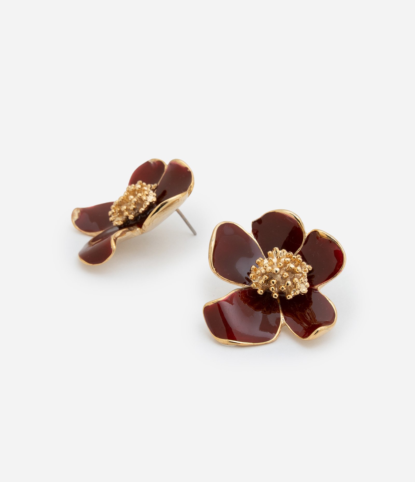 Brinco Botão Floral em Resina e Metal com Pétalas Assimétricas Vinho 2