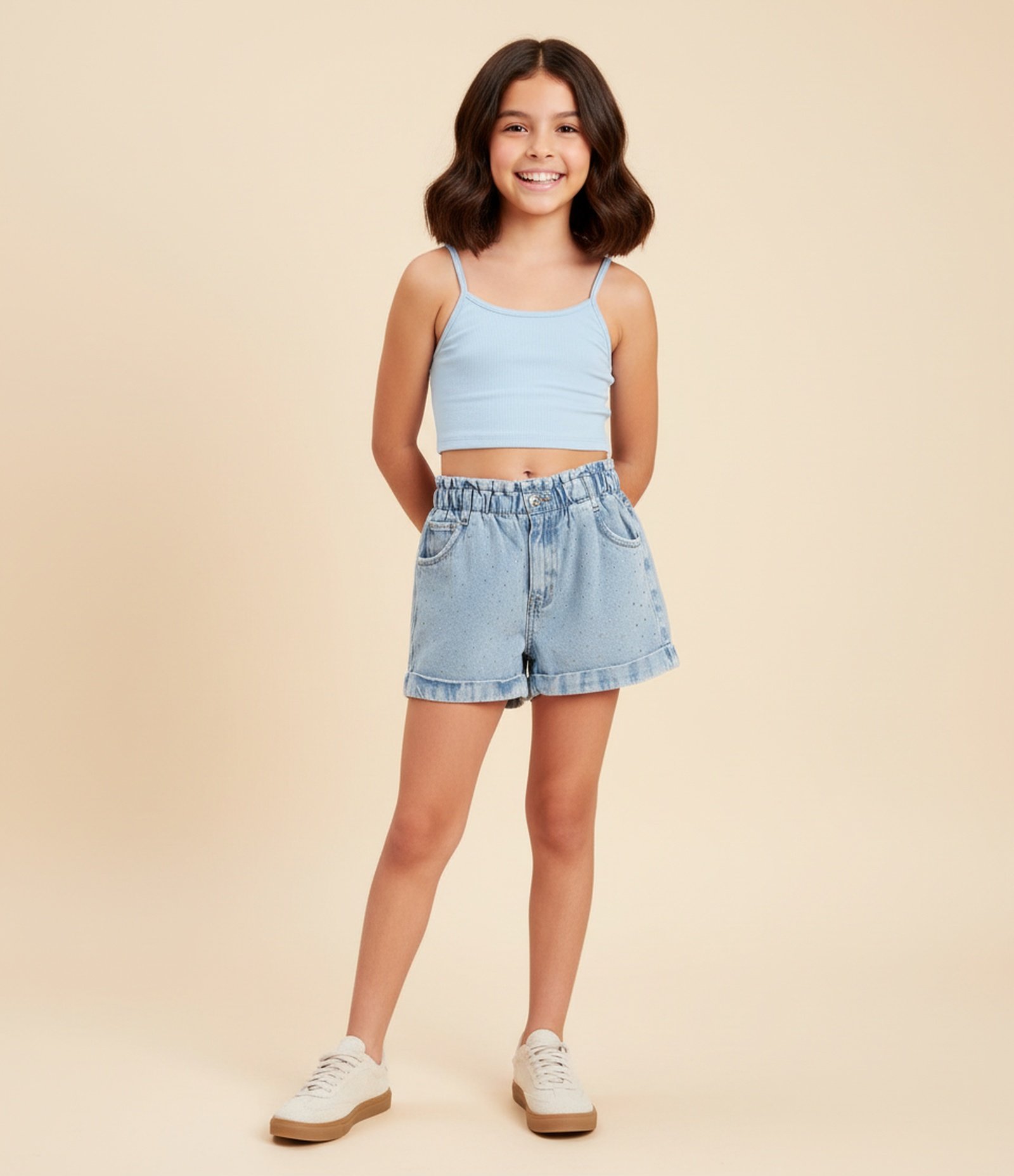 Short Clochard Infantil em Jeans com Aplicação de Brilhos - Tam 5 a 14 Anos Azul 1