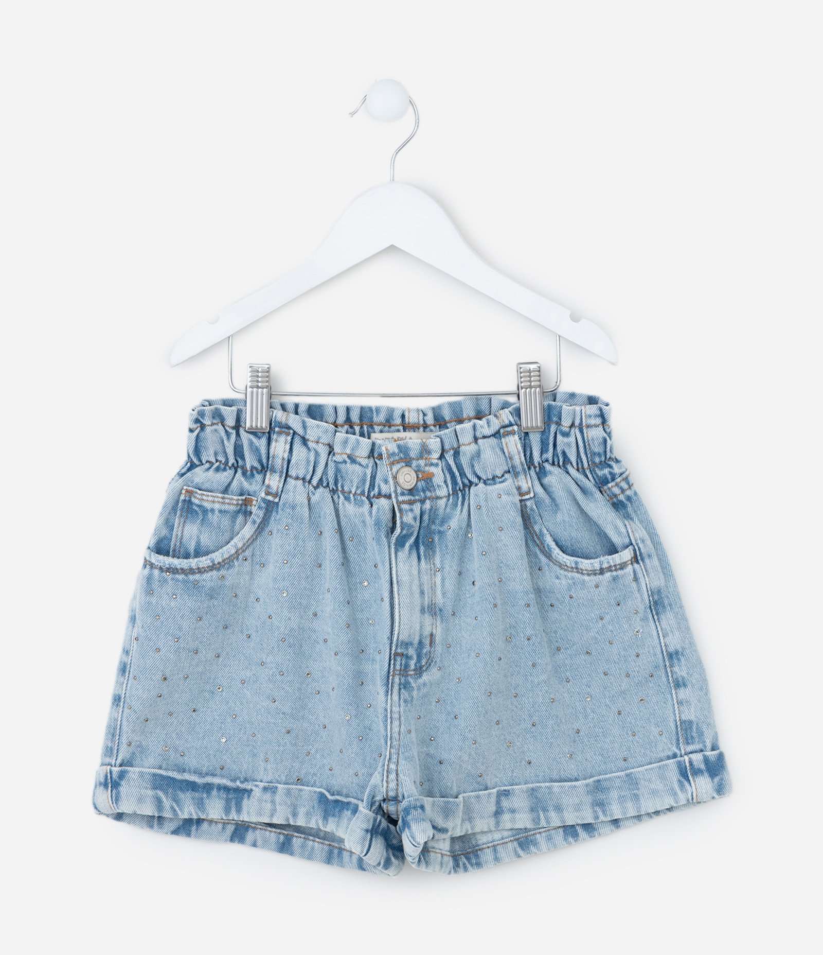 Short Clochard Infantil em Jeans com Aplicação de Brilhos - Tam 5 a 14 Anos Azul 1