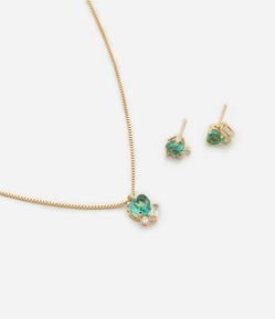 Conjunto de Colar e Brinco em Metal com Detalhes em Zircônia
