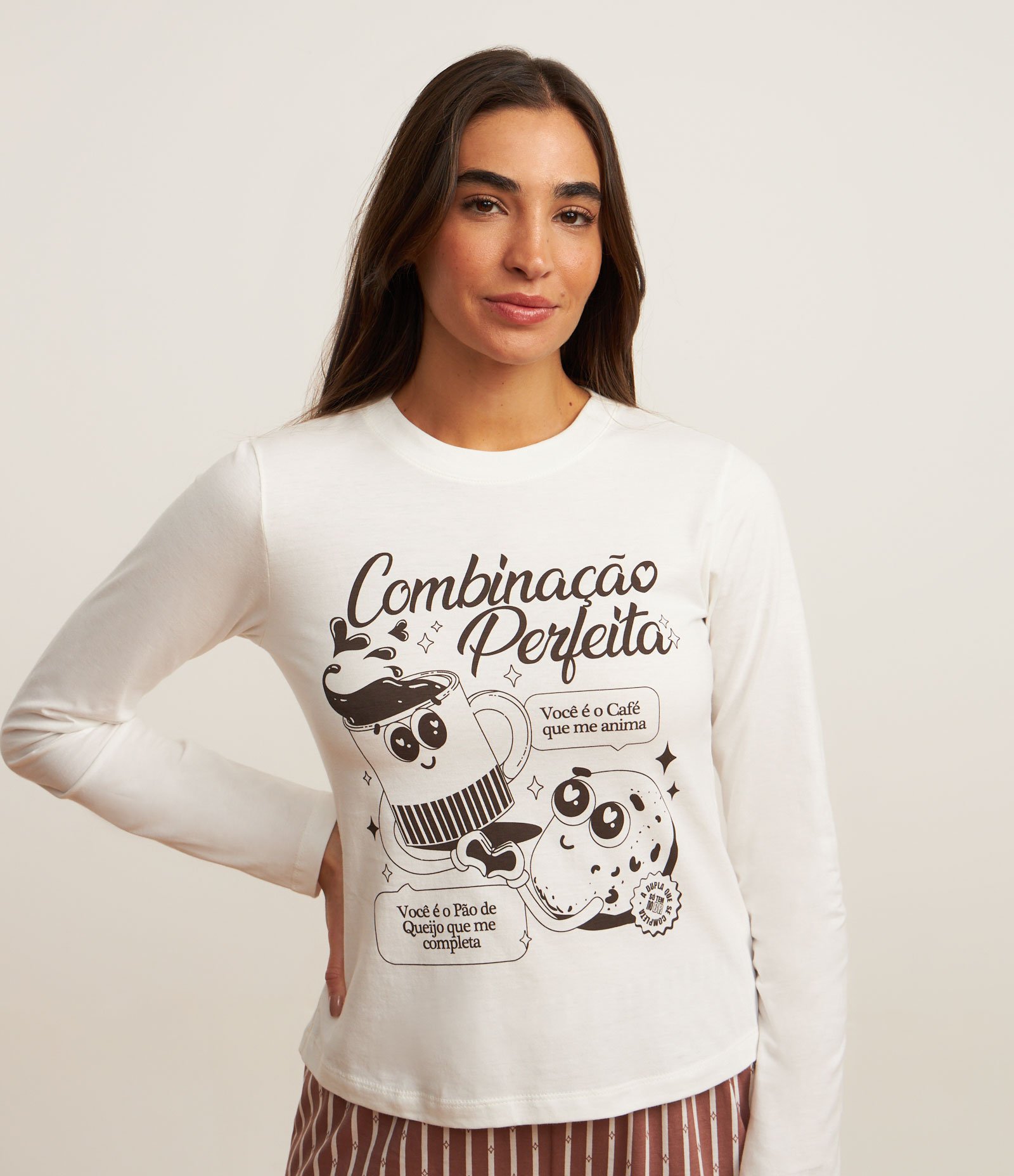 Pijama Longo em Algodão com Estampa Combinação Perfeita Off White/Marrom 2