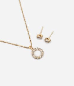 Conjunto de Colar e Brinco em Metal com Detalhes de Zircônia
