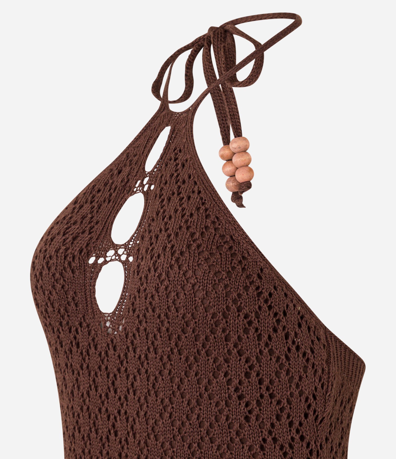 Vestido Long Midi em Tricô com Miçangas e Recortes Vazados Marrom 5