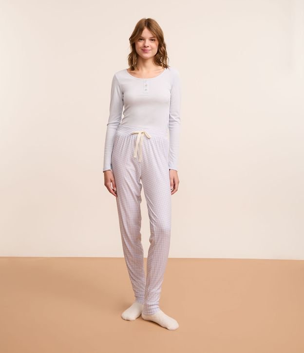 Calça de Pijama Jogger em Ribana Estampada Vichy com Laço na Cintura