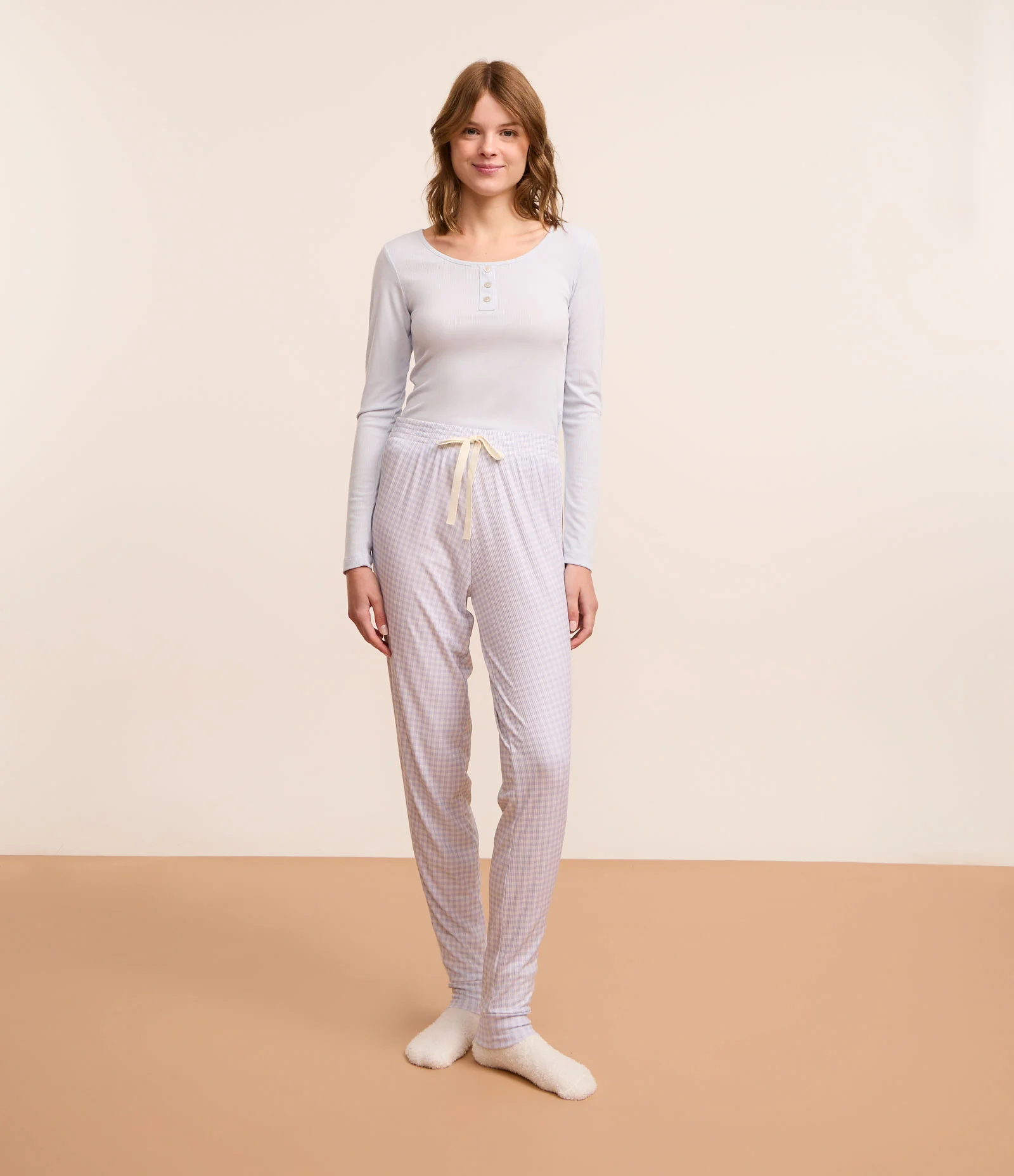 Calça de Pijama Jogger em Ribana Estampada Vichy com Laço na Cintura Azul 1