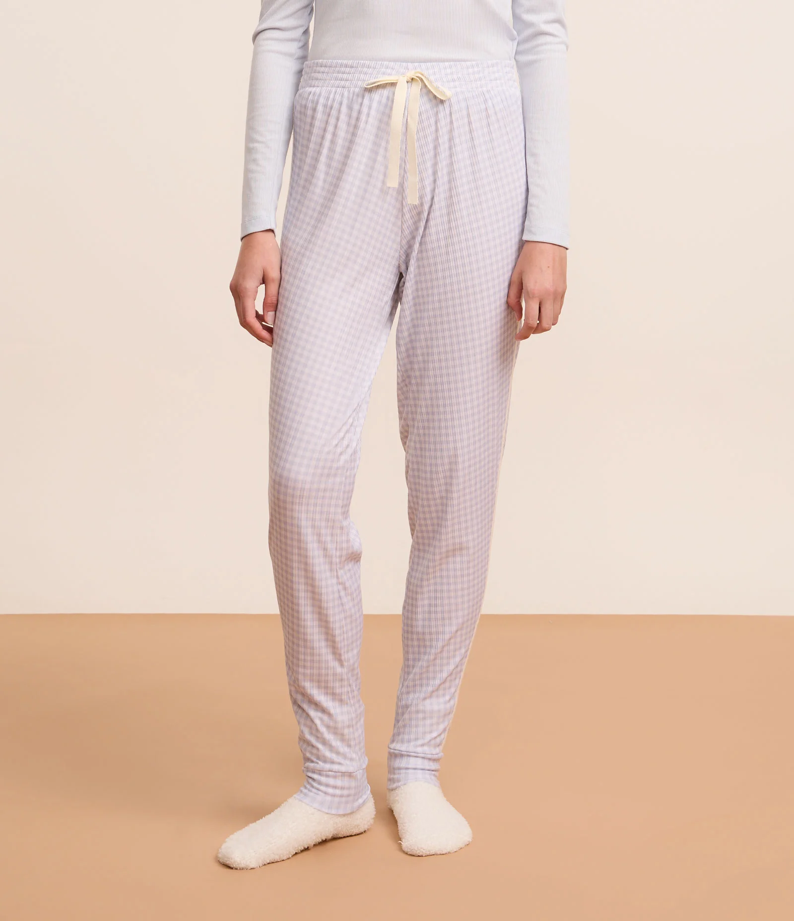 Calça de Pijama Jogger em Ribana Estampada Vichy com Laço na Cintura Azul 2