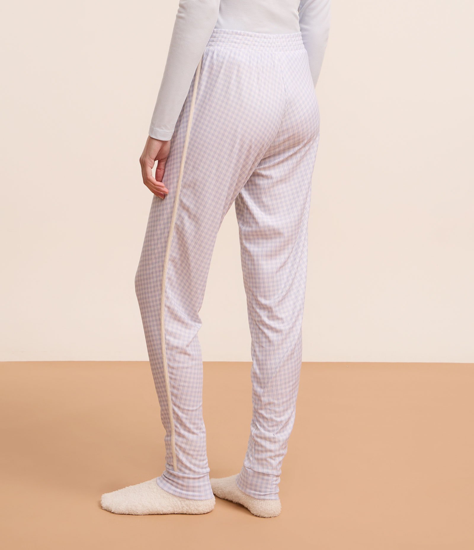 Calça de Pijama Jogger em Ribana Estampada Vichy com Laço na Cintura Azul 4