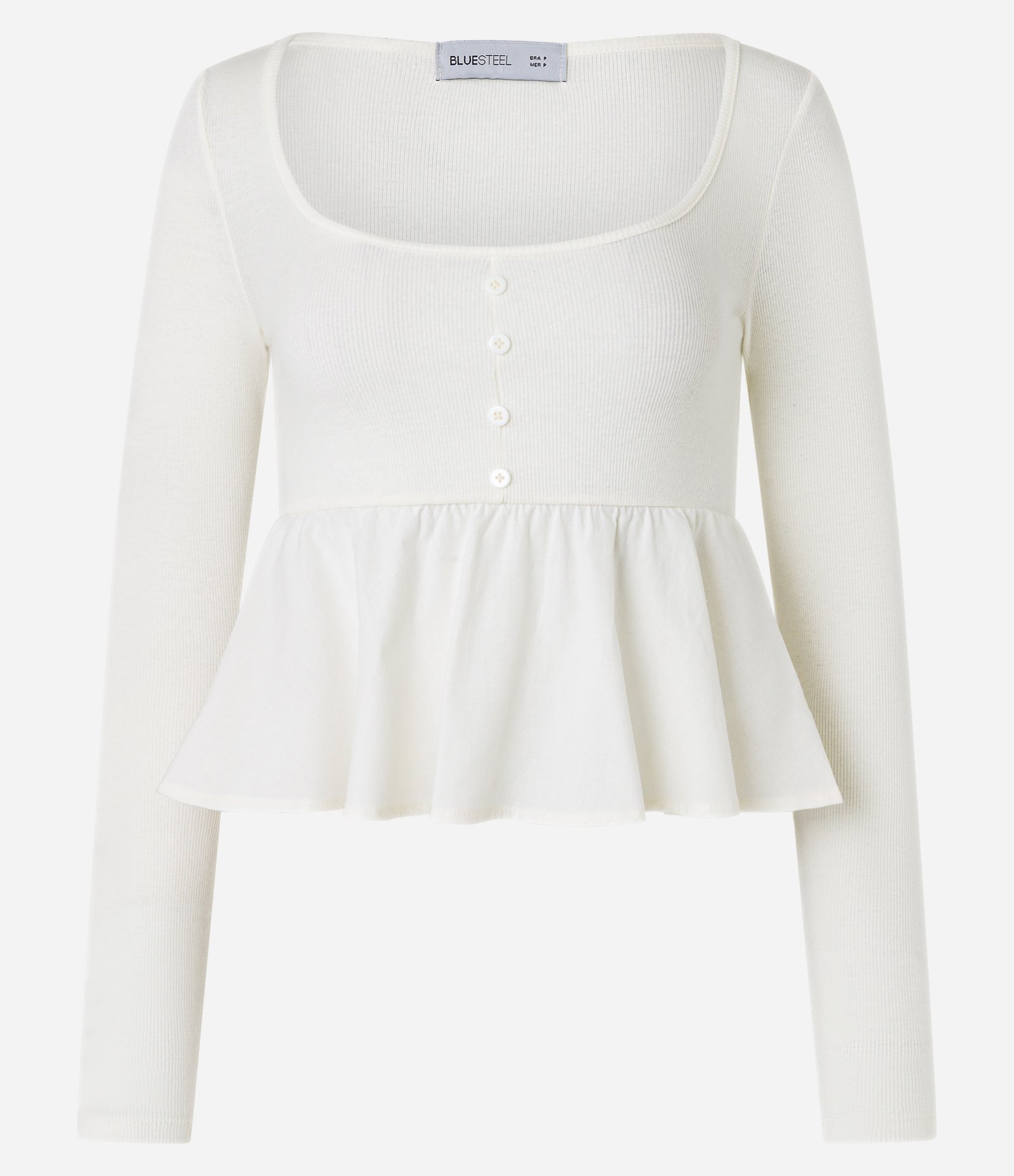 Blusa Peplum em Ribana e Tricoline com Botões Off White 1