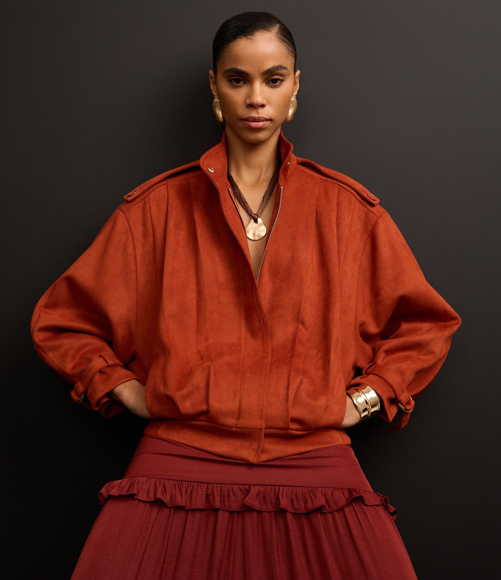 Jaqueta Oversized em Suede com Pregas Terracota 5