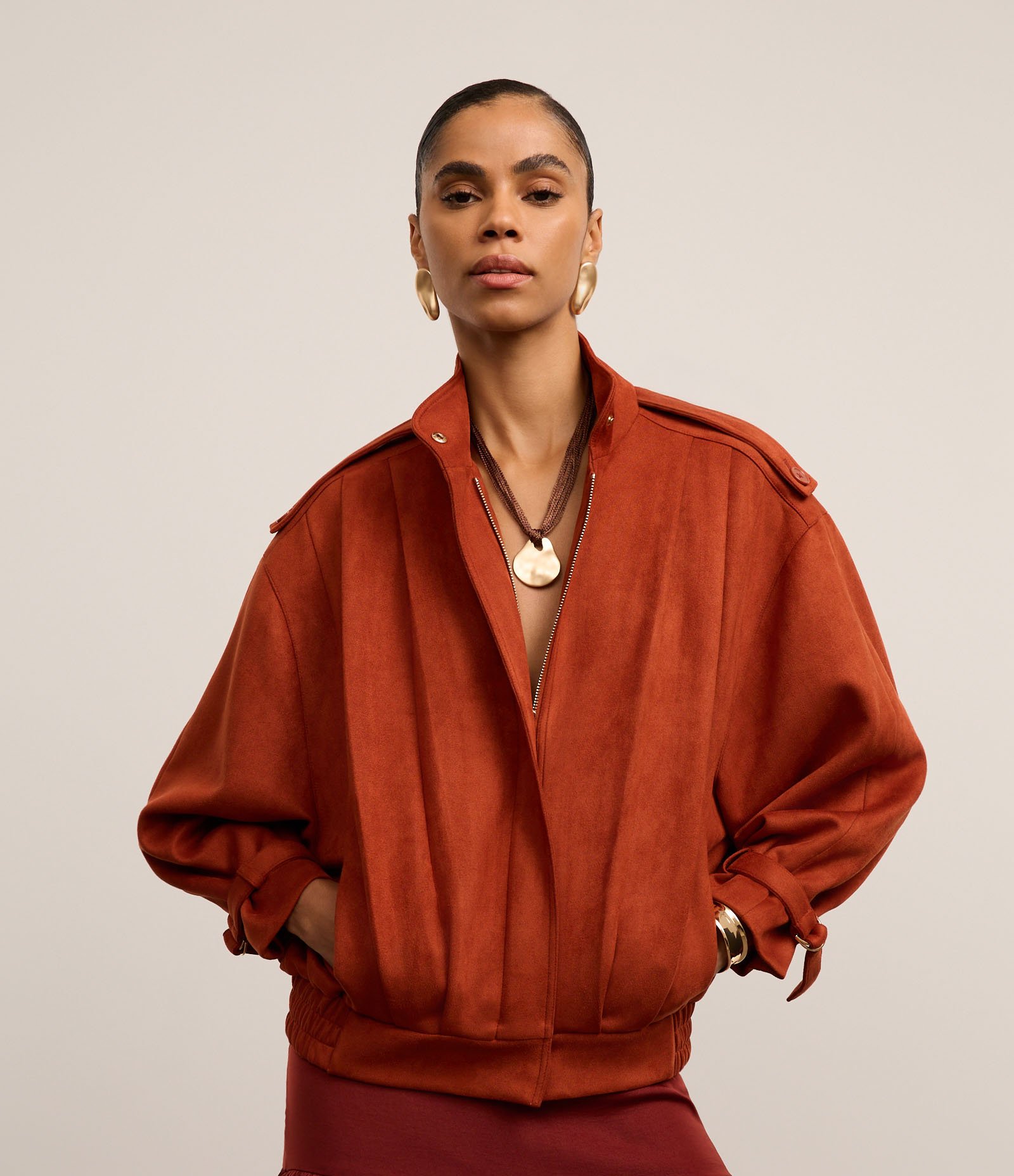 Jaqueta Oversized em Suede com Pregas Terracota 2