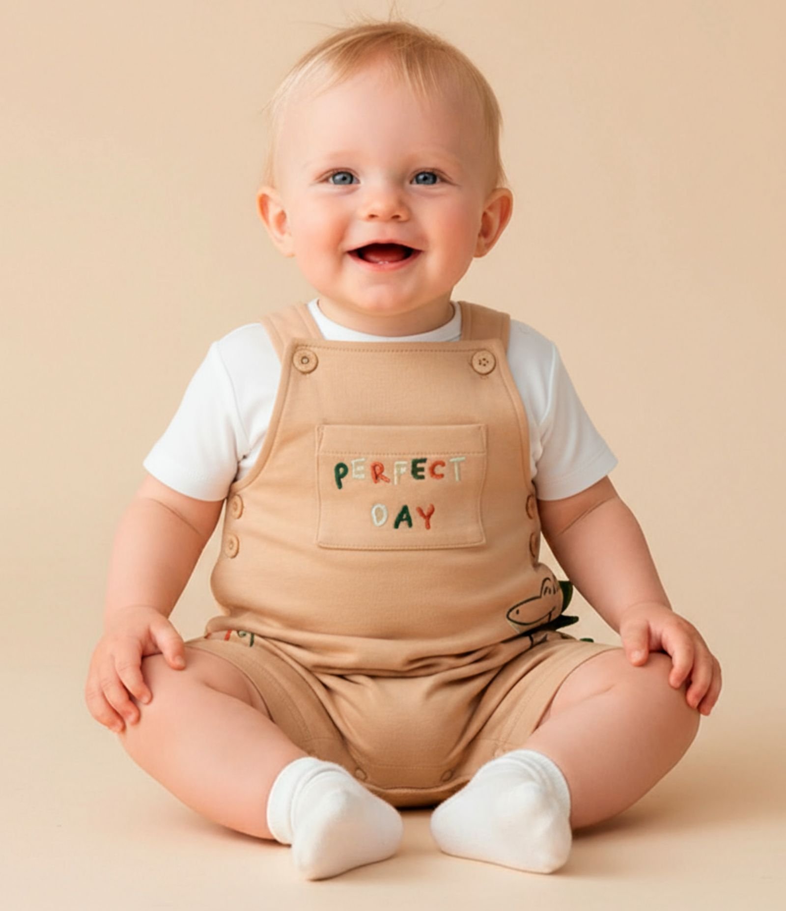 Jardineira Infantil com Bordado Dino e Cristas - Tam 3 a 18 meses Bege 1