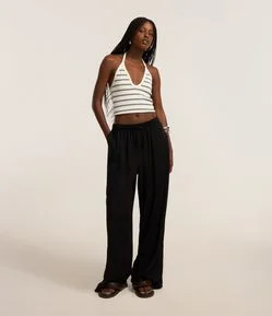 Calça Fluída em Viscose e Linho com Amarração no Cós
