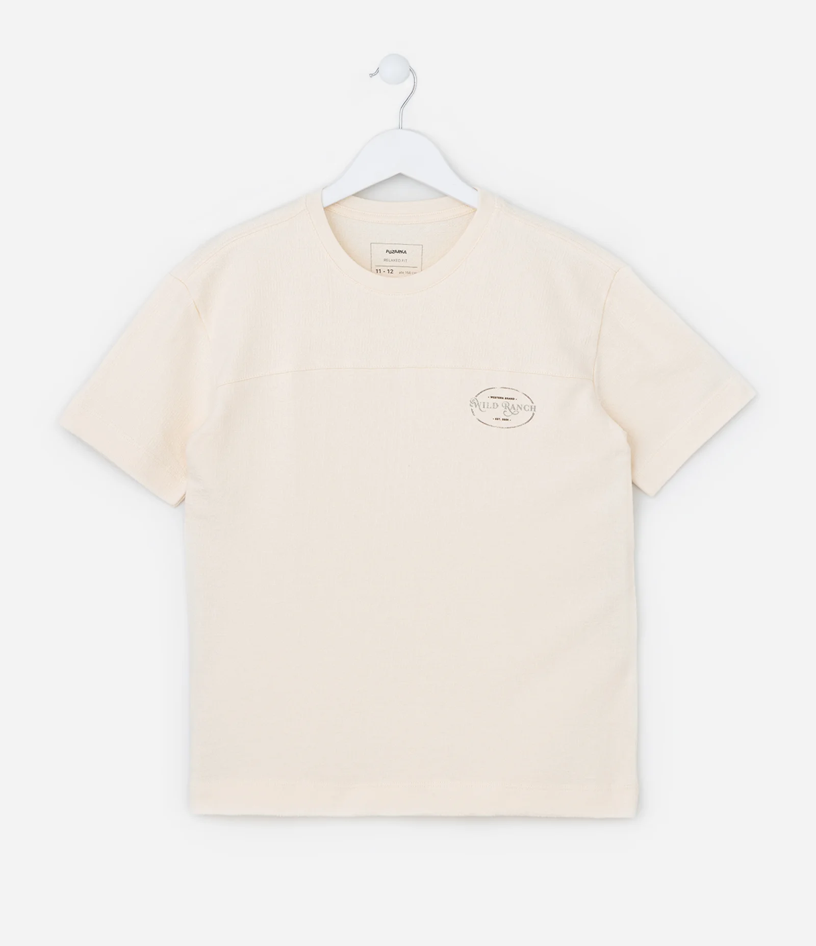 Camiseta Infantil com Textura Atoalhada e Estampa no Peito - Tam 5 a 14 Anos Bege 1