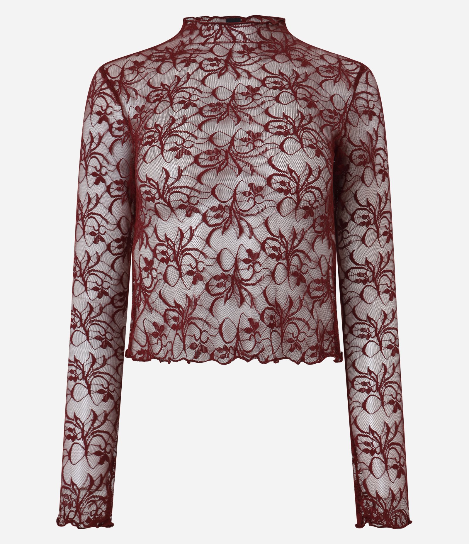 Blusa em Renda Floral com Golinha de Frufru Bordô 1