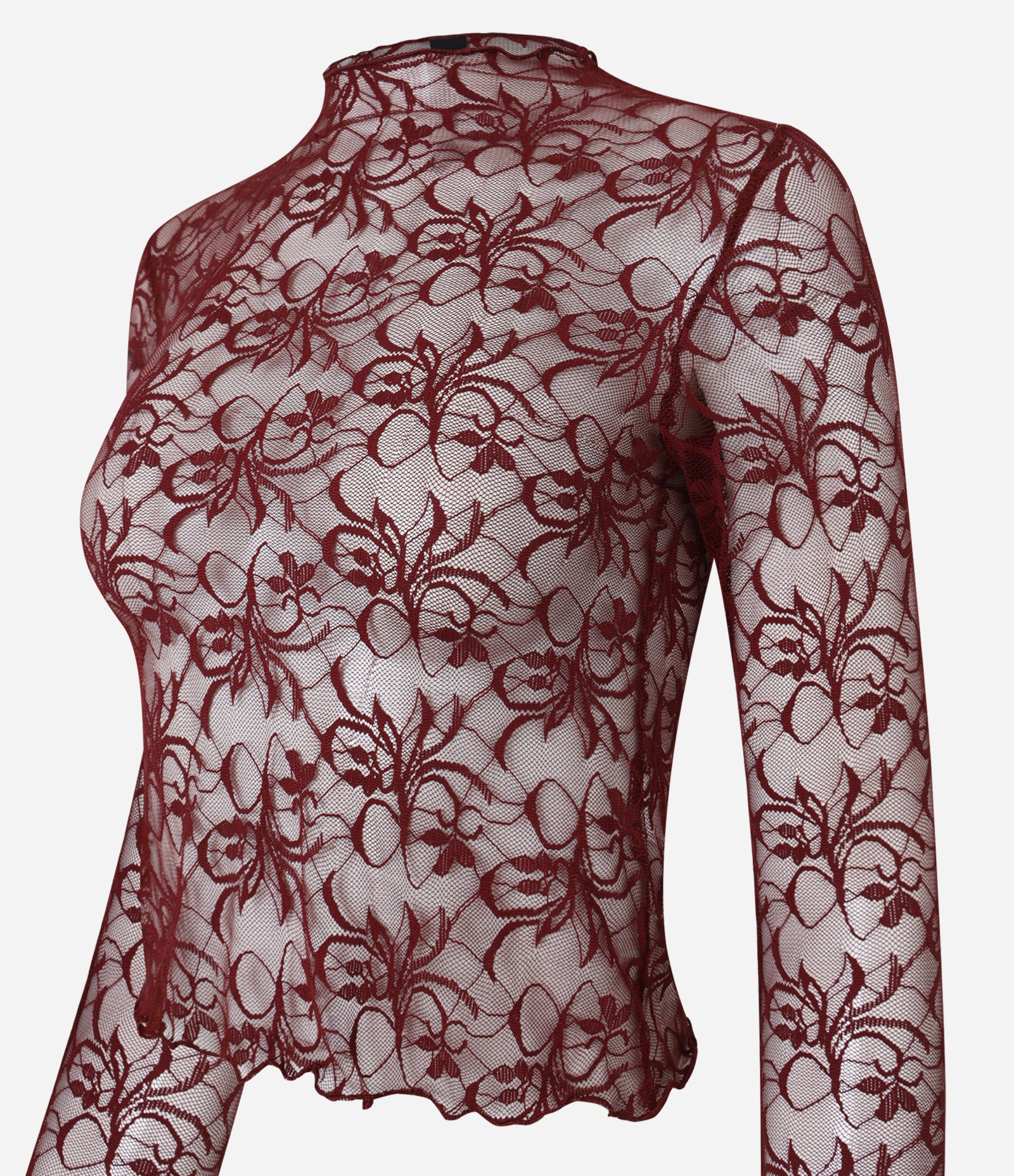Blusa em Renda Floral com Golinha de Frufru Bordô 2
