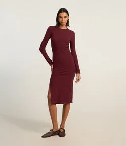 Vestido Midi Básico em Ribana com Manga Longa e Fenda
