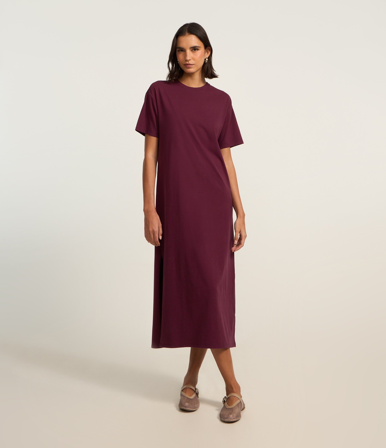 Vestido T-Shirt Midi em Algodão com Fenda Bordô 1