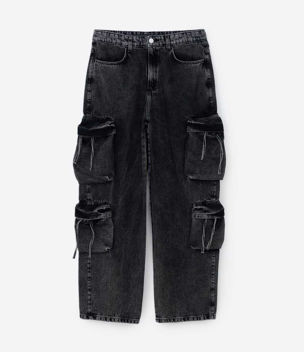 Calça Super Baggy em Jeans com Multibolsos Preto - Renner