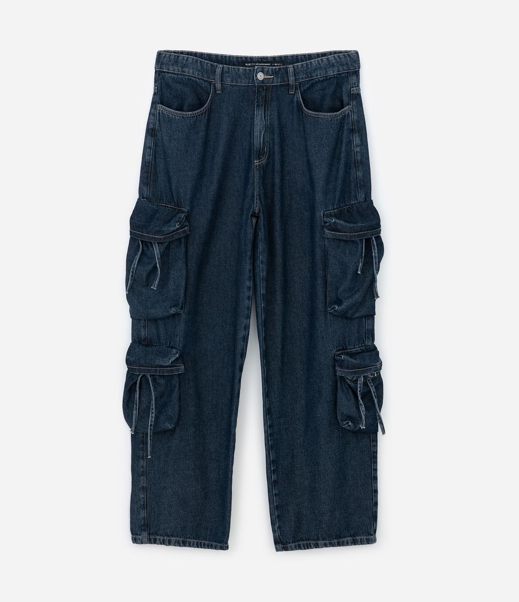 Calça Super Baggy em Jeans com Multibolsos Azul escuro