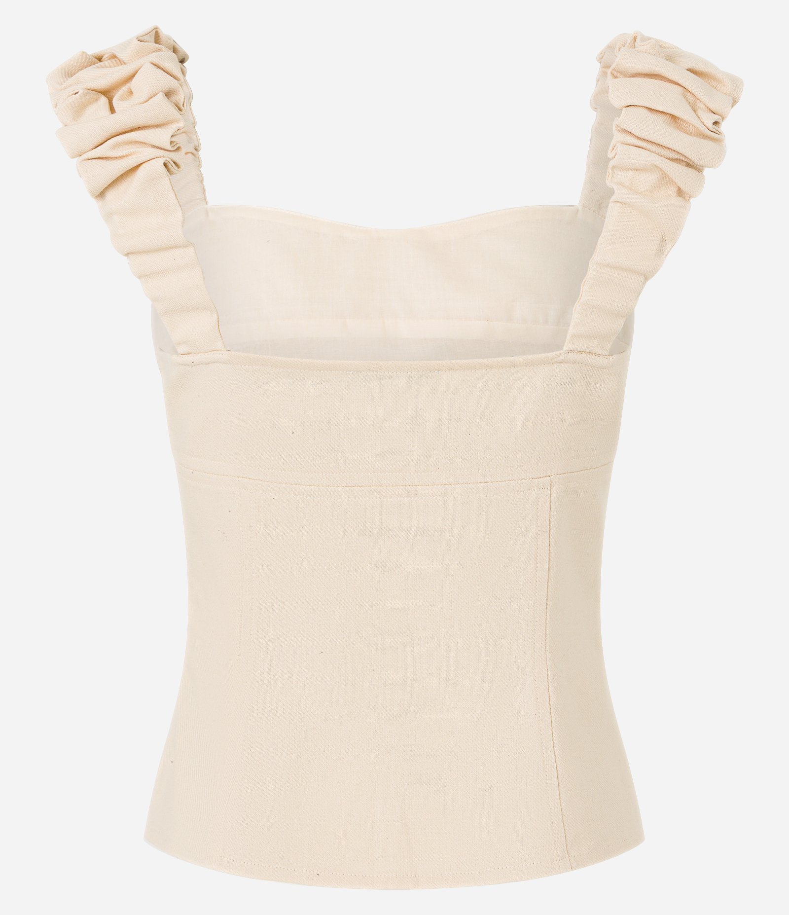 Blusa de Alça Larga com Linho e Decote Coração Bege 8