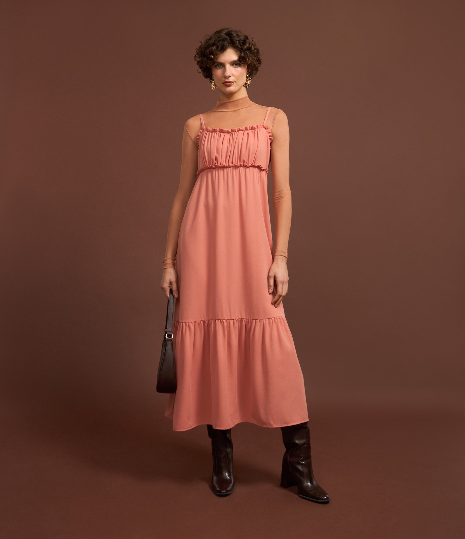 Vestido Godê New Midi Texturizado com Babado Laranja Coral 4
