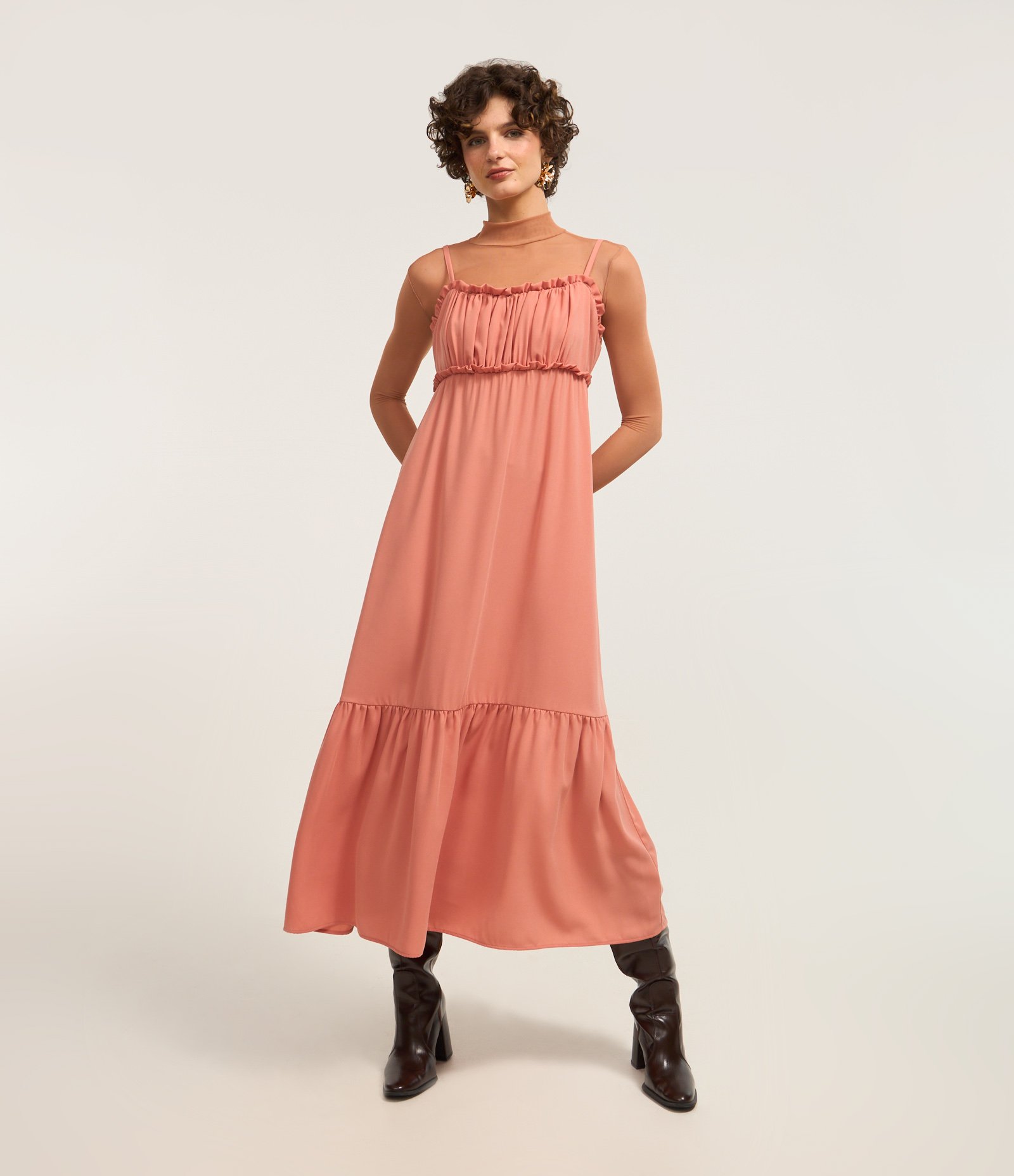 Vestido Godê New Midi Texturizado com Babado Laranja Coral 1