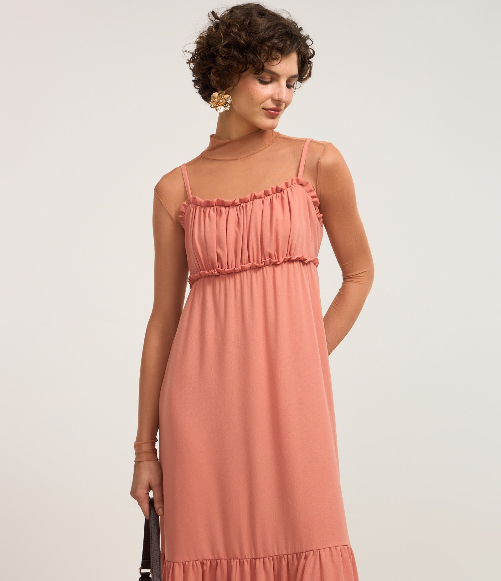 Vestido Godê New Midi Texturizado com Babado Laranja Coral 2