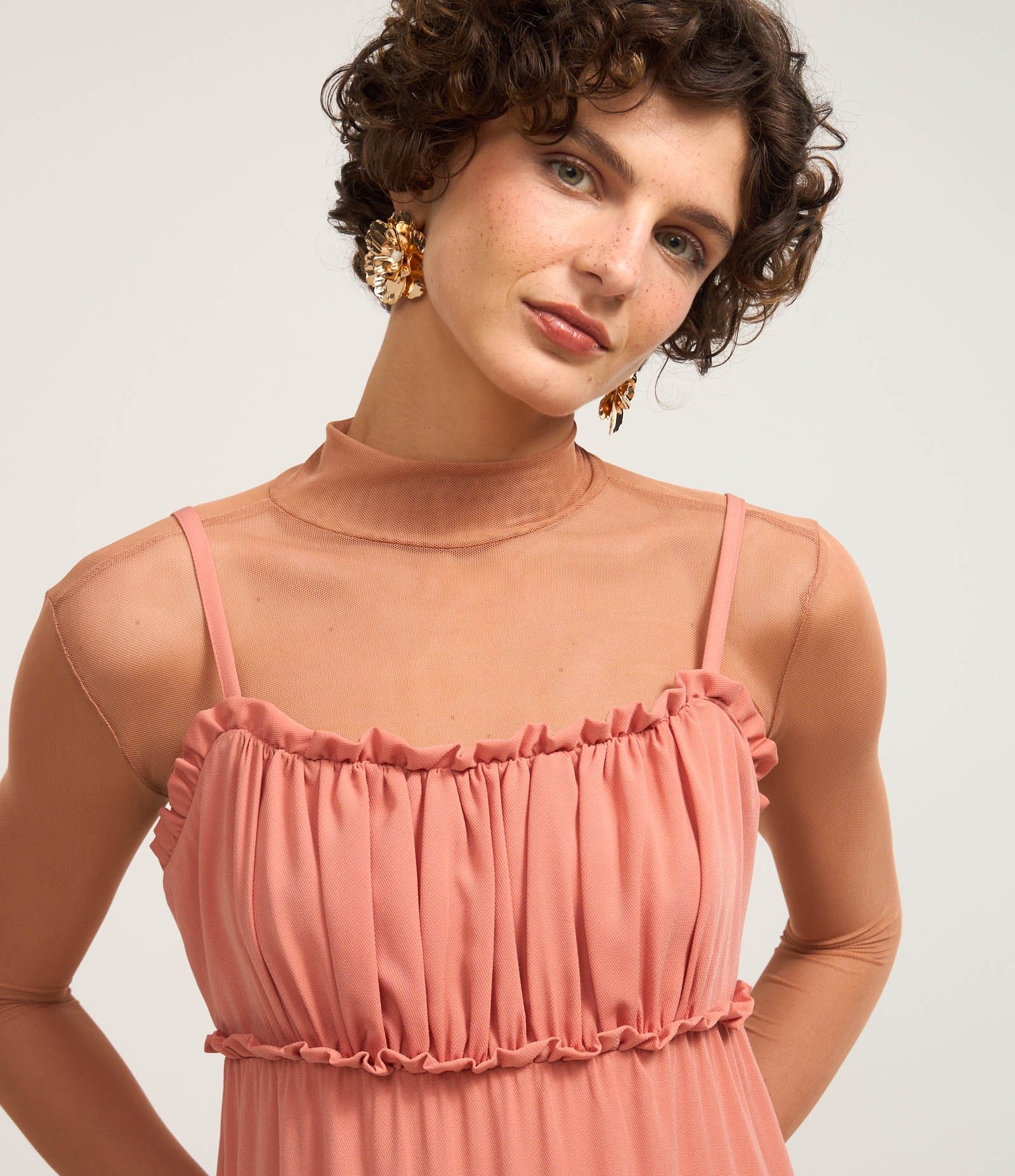 Vestido Godê New Midi Texturizado com Babado Laranja Coral 3