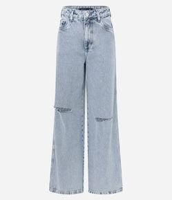 Calça Wide Leg Jeans com Puídos e Rasgo no Joelho