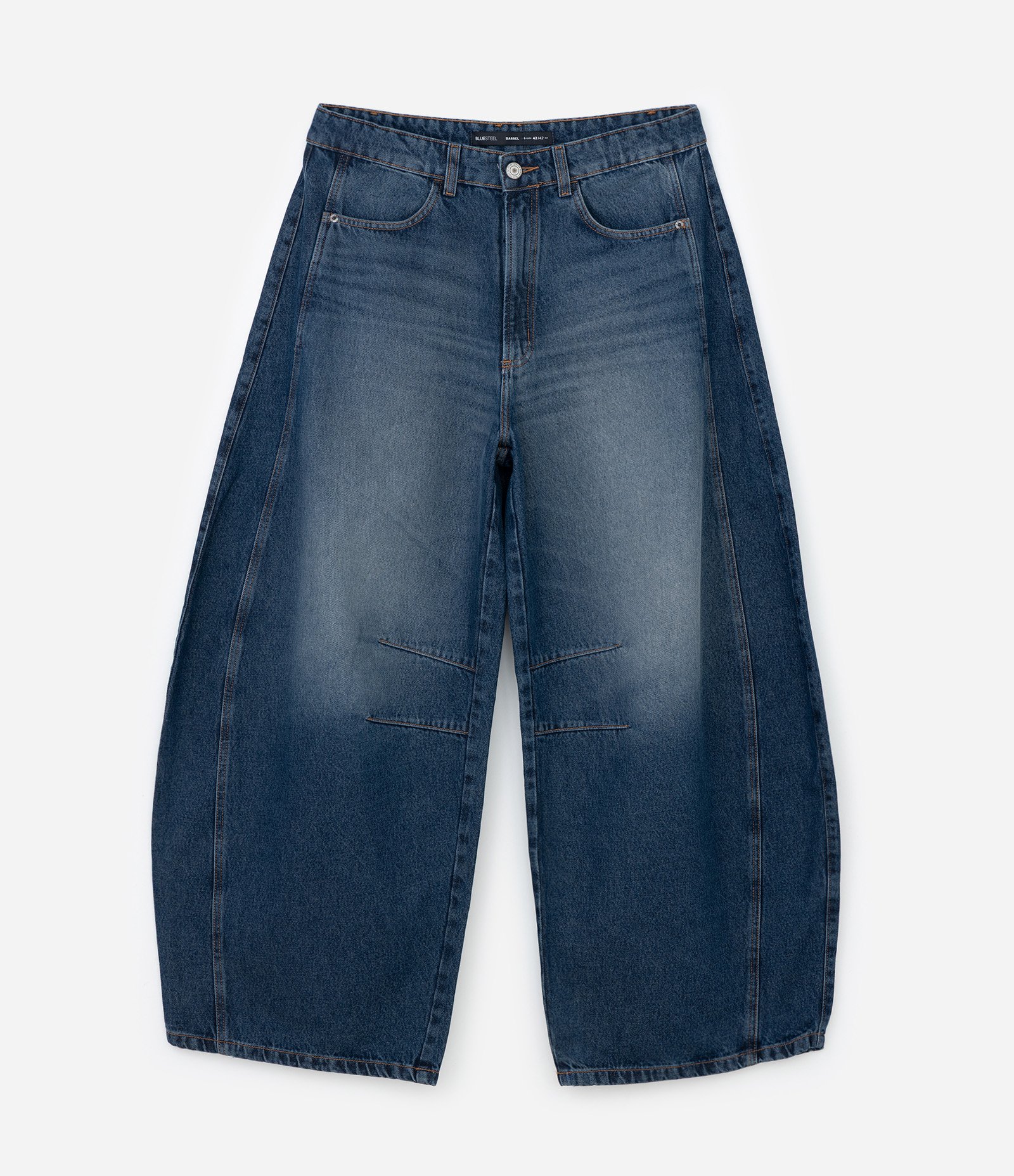 Calça Barrel em Jeans com Recortes e Pences Azul escuro 8