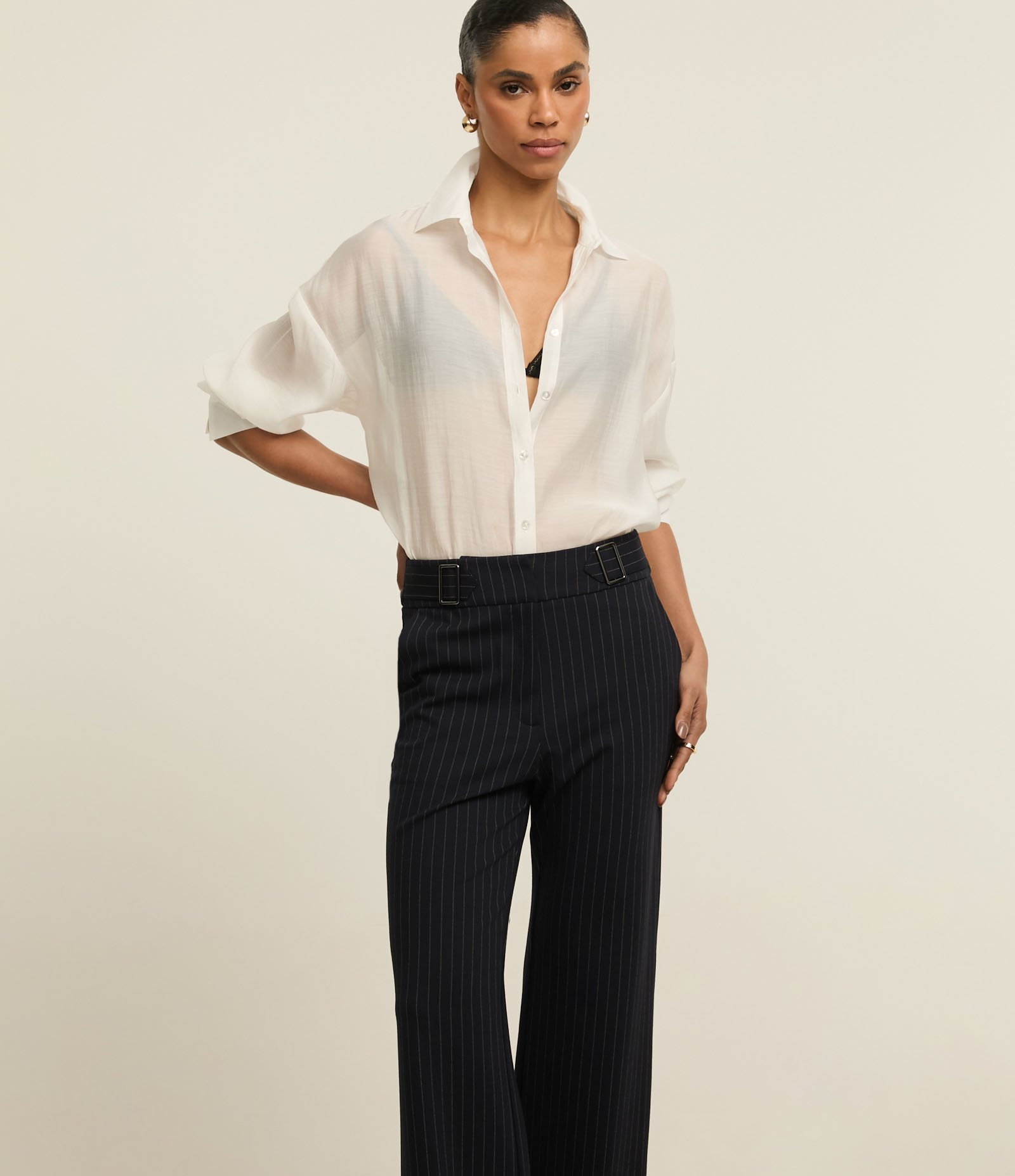 Calça Reta em Ponto Roma com Estampa Risca de Giz Azul 2