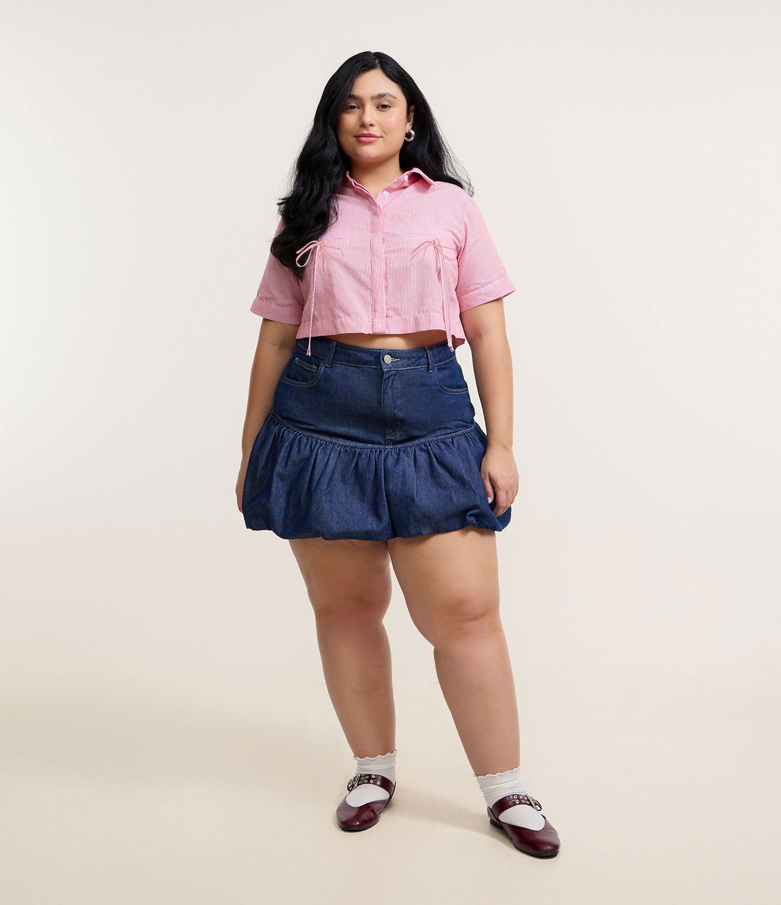 Saia Balonê Curta com Pala em Jeans Curve & Plus Size Azul 2