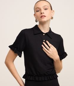 Blusa Polo Texturizada com Botões e Babados
