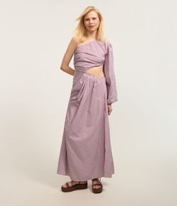 Vestido Evasê em Tricoline Listrado Cut Out com Fenda