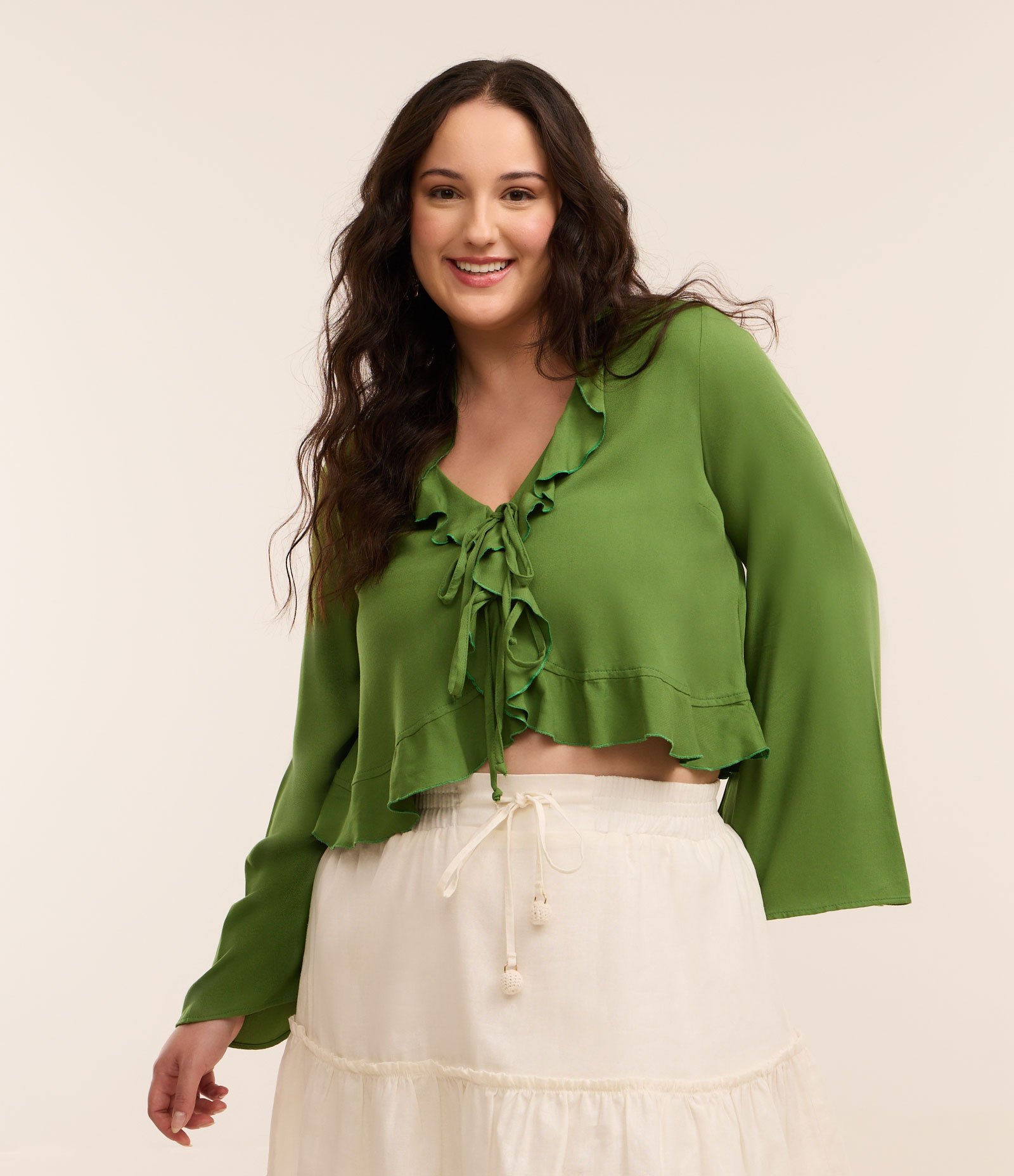 Blusa com Amarração Babados e Manga Sino Curve & Plus Size Verde 1