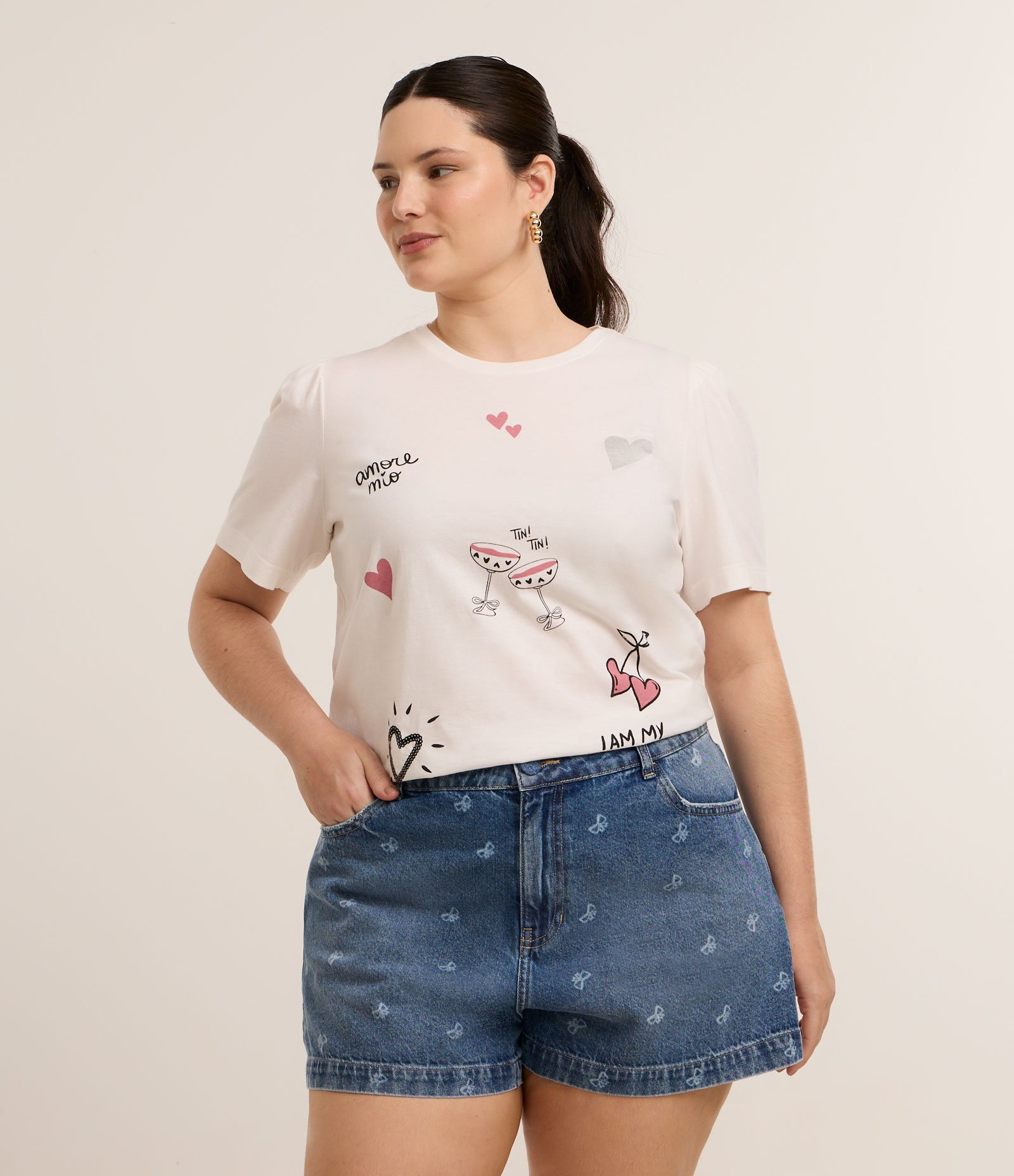 Short Jeans com Estampa de Lacinhos Curve & Plus Size Azul 1