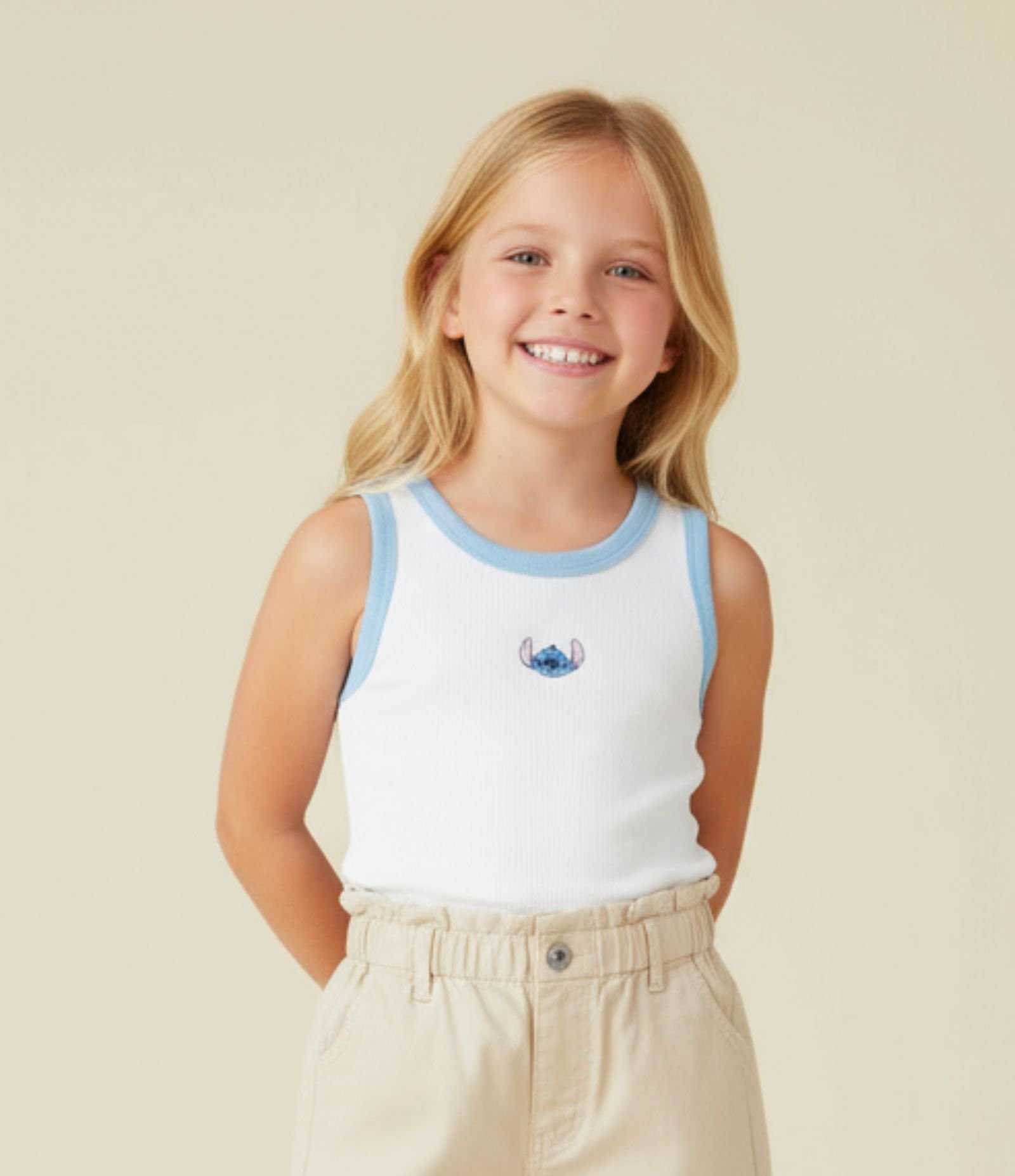 Regata Infantil em Ribana com Bordado Stitch - Tam 5 a 14 Anos Branco/Azul 1