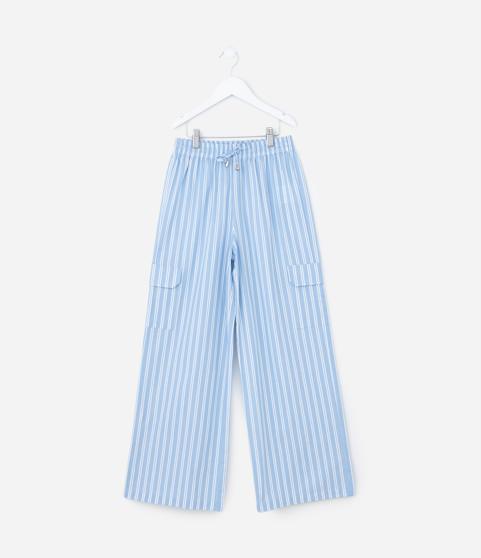 Calça Infantil em Tricoline com Estampa Listrada e Bolsos - Tam 5 a 14 Anos Azul 1