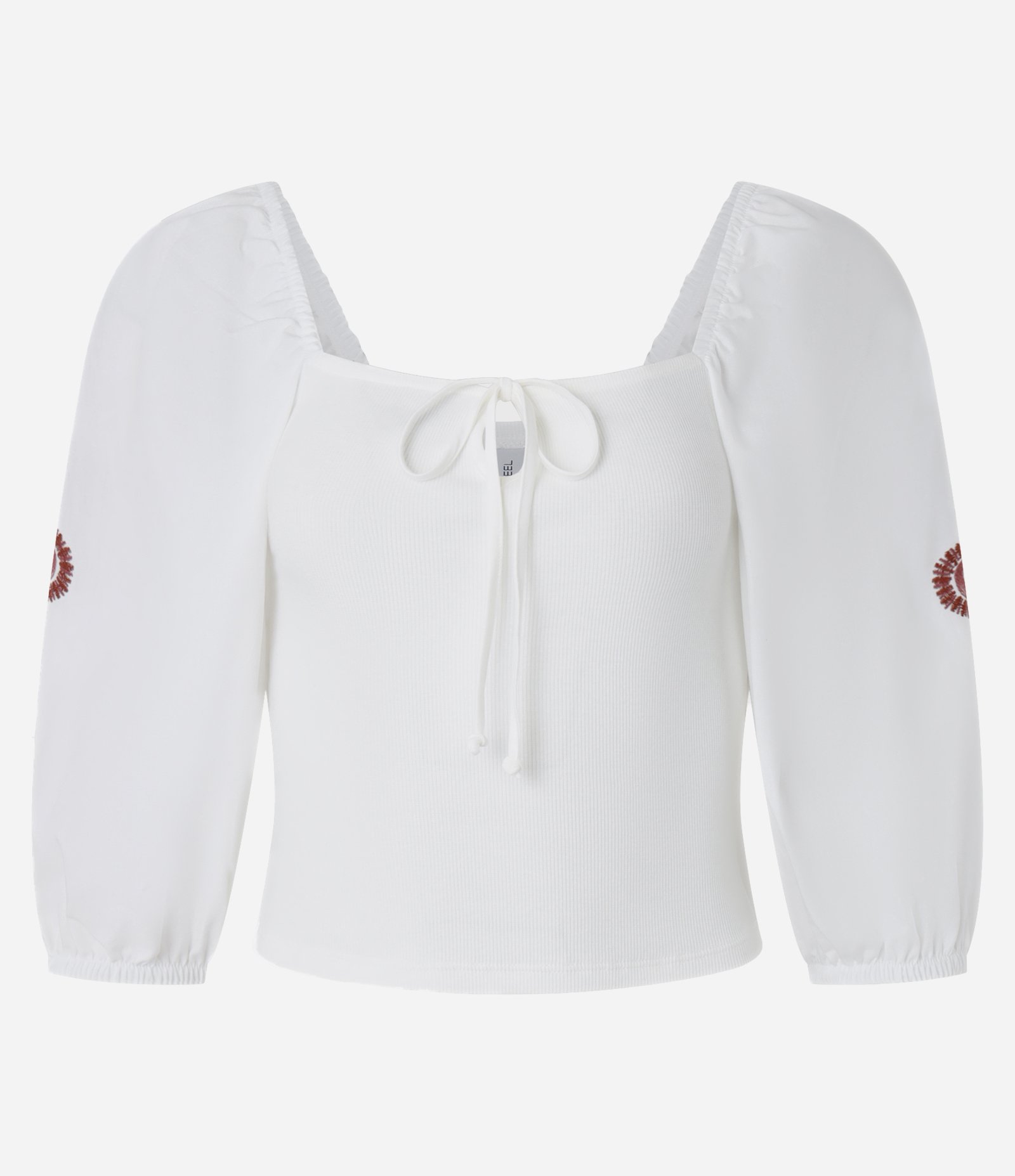 Blusa em Ribana com Amarração e Manga Bordada Paisley Branco 4