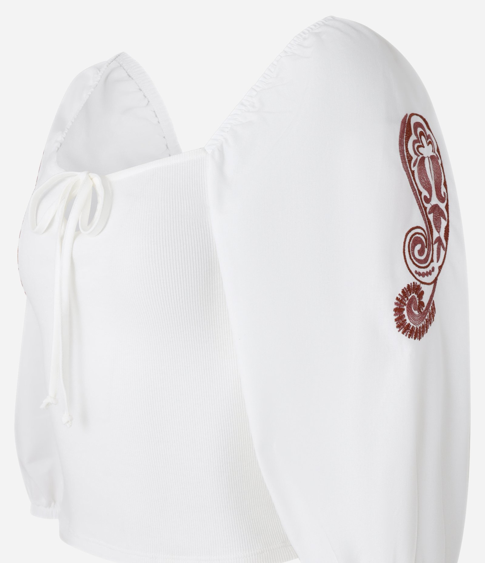 Blusa em Ribana com Amarração e Manga Bordada Paisley Branco 5