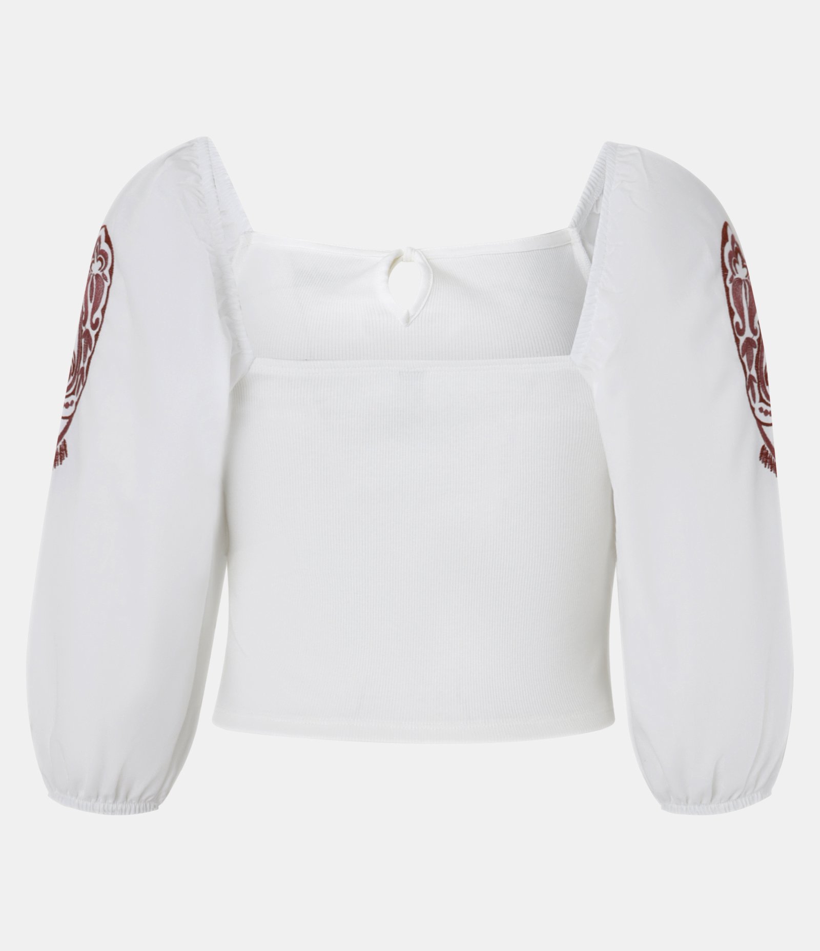 Blusa em Ribana com Amarração e Manga Bordada Paisley Branco 6