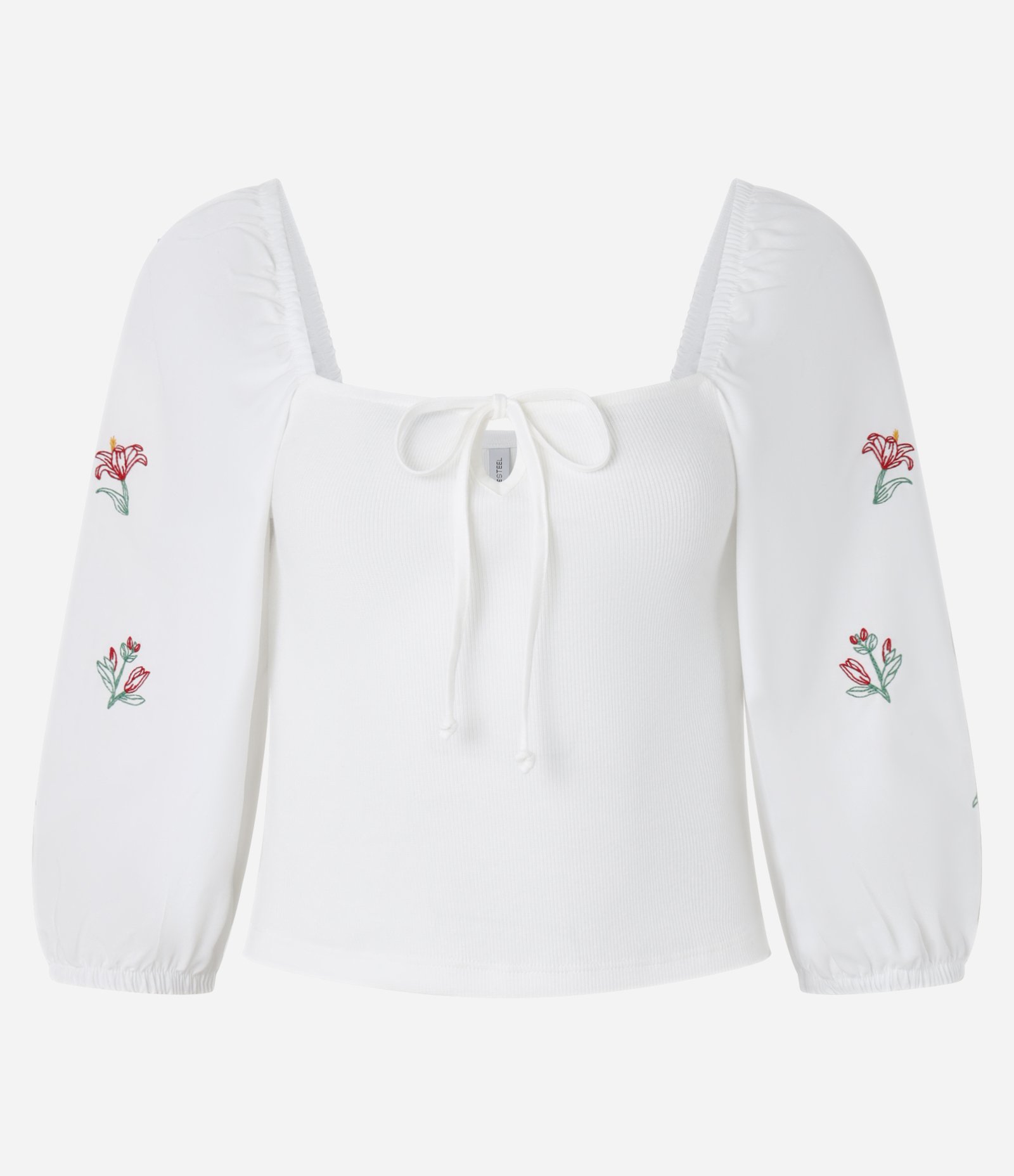 Blusa em Ribana com Lacinho no Busto e Bordado Floral Branco 4