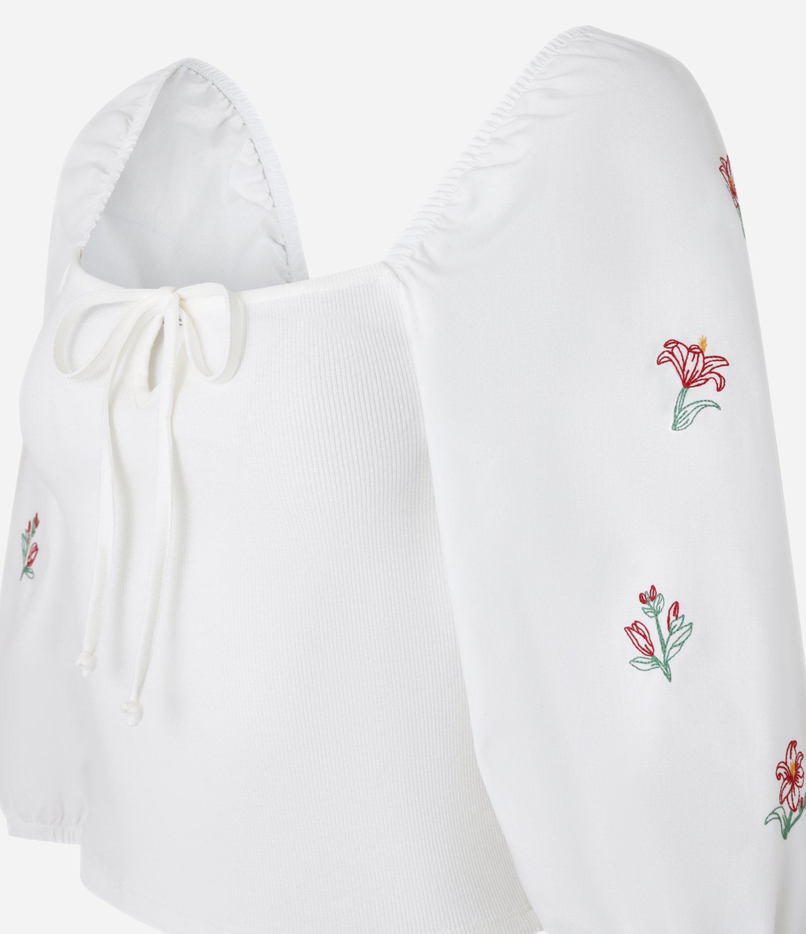 Blusa em Ribana com Lacinho no Busto e Bordado Floral Branco 5