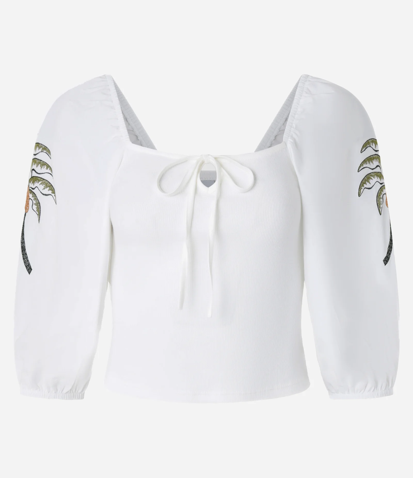 Blusa em Ribana com Amarração e Bordado Tropical nas Mangas Branco 4