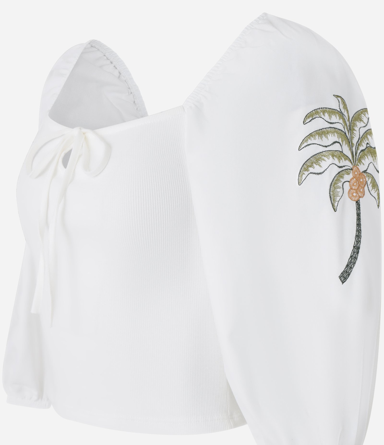 Blusa em Ribana com Amarração e Bordado Tropical nas Mangas Branco 5