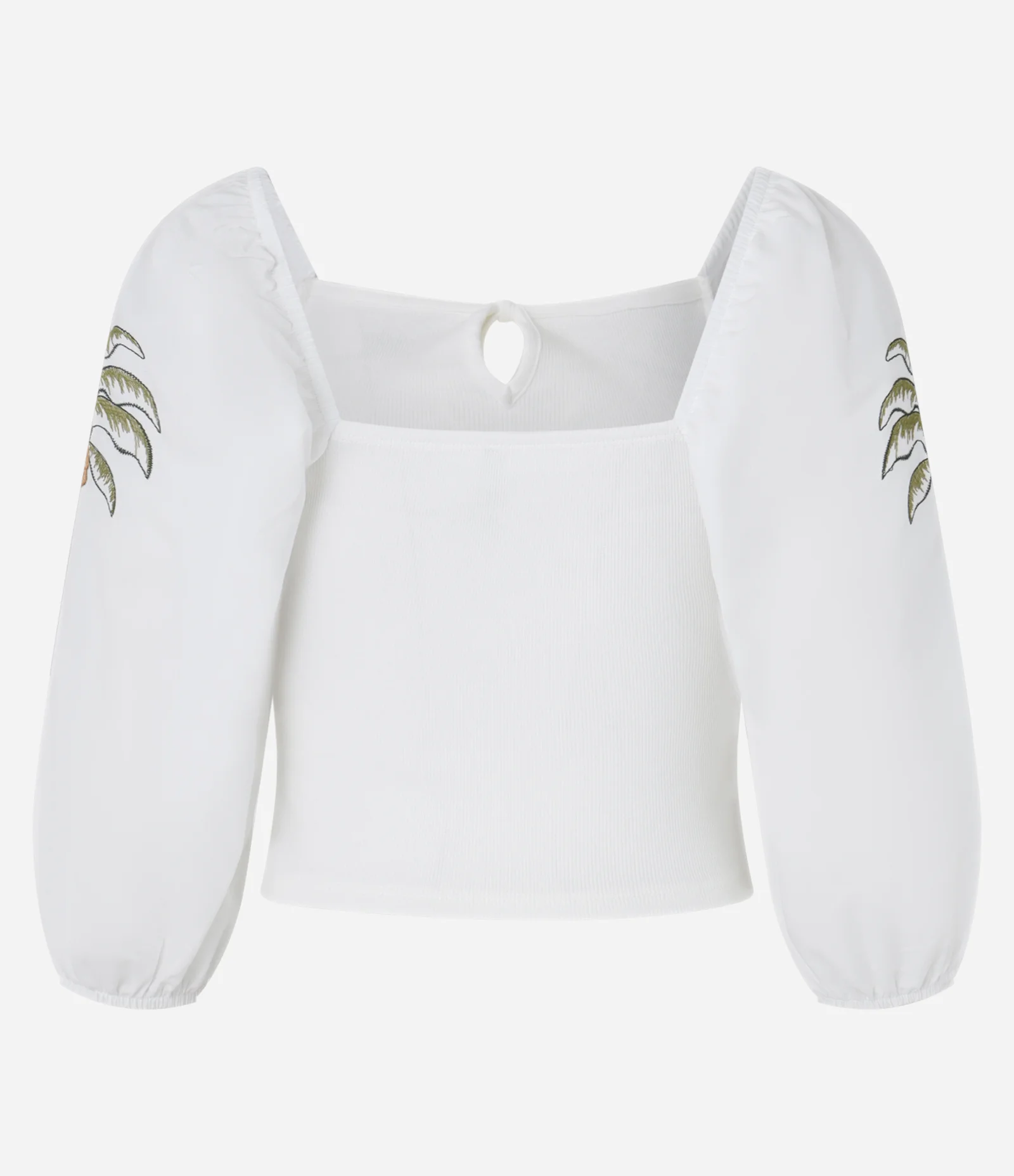 Blusa em Ribana com Amarração e Bordado Tropical nas Mangas Branco 6