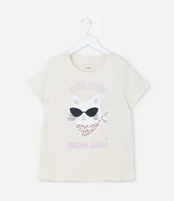 Camiseta Infantil com Estampa Gatinha de Óculos - Tam 5 a 14 Anos