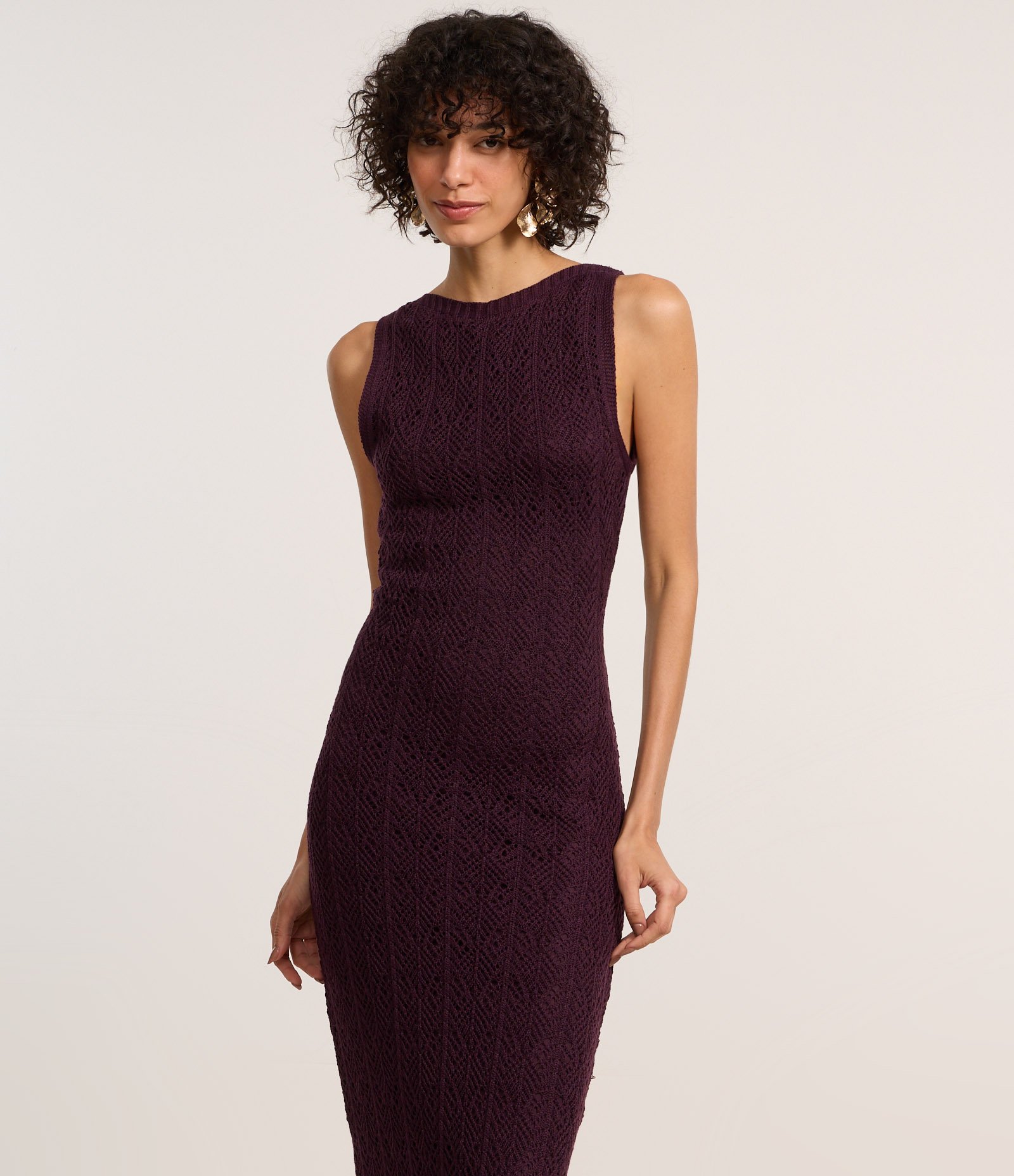 Vestido Reto Long Midi em Tricô Texturizado Bordô 2