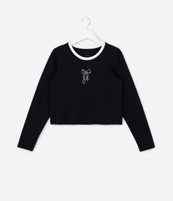 Camiseta Curta Infantil com Bordado Laço - Tam 5 a 14 Anos